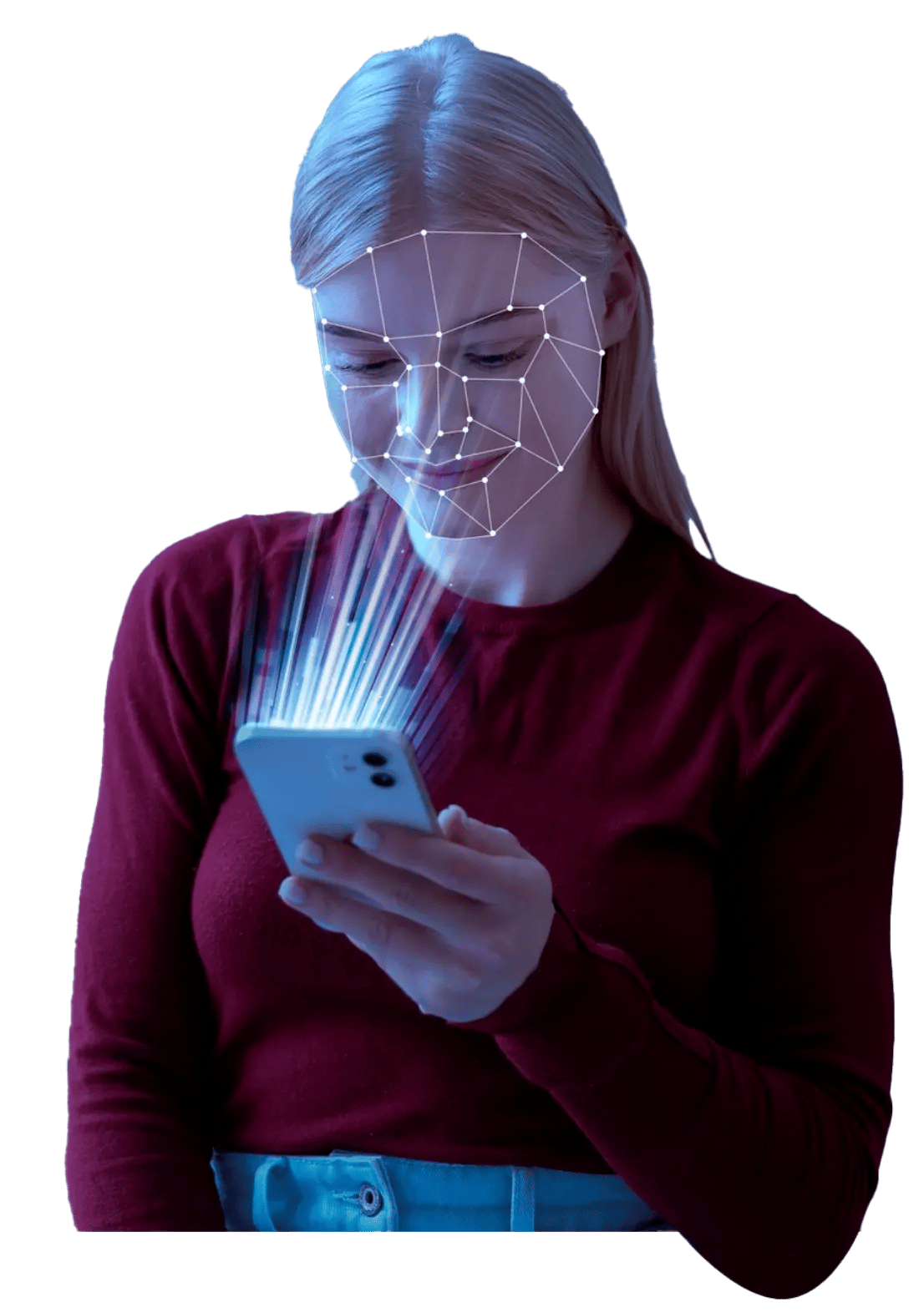 Person looking at phone with facial recognition image