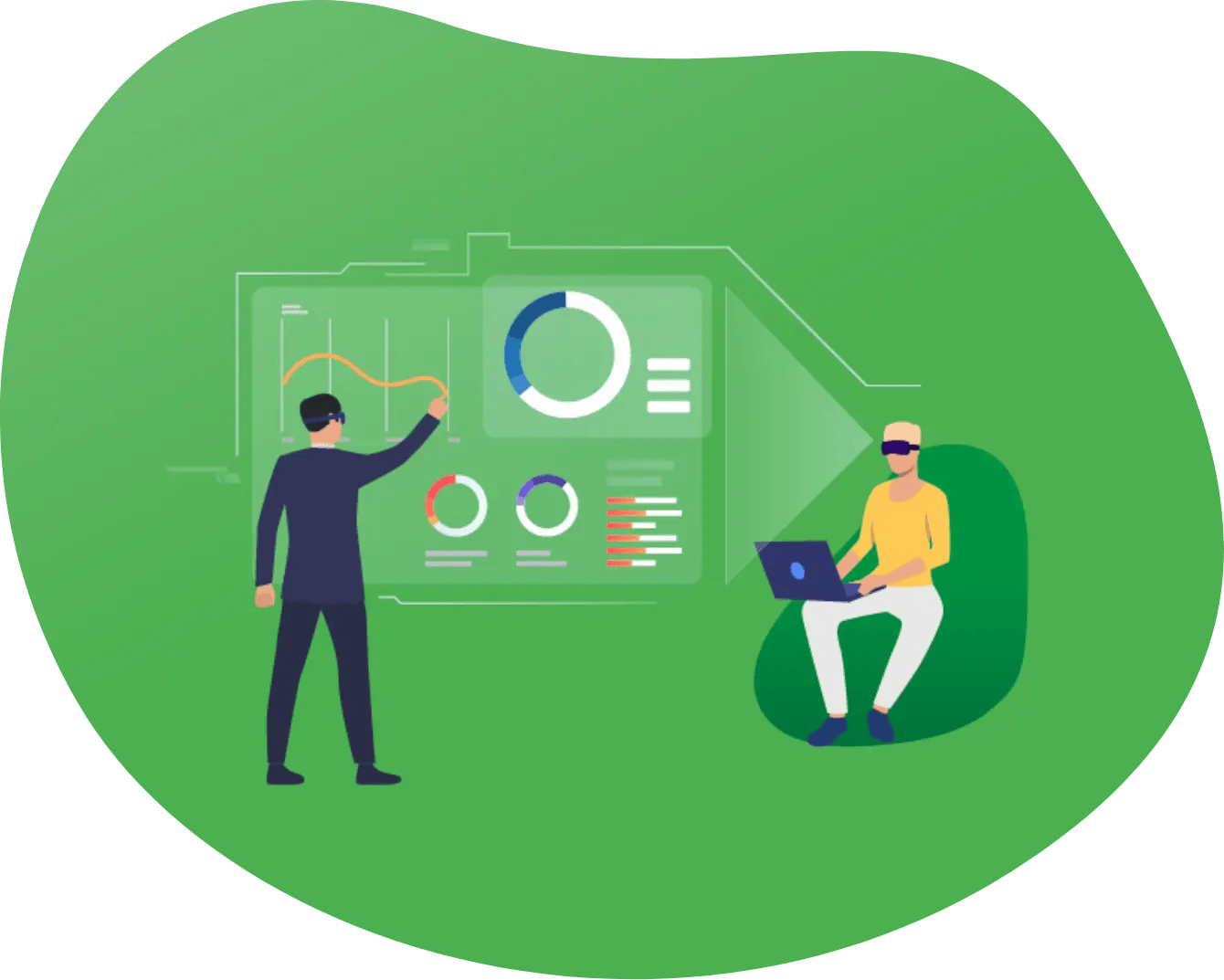 cartoon image of person on a laptop and person giving presentation