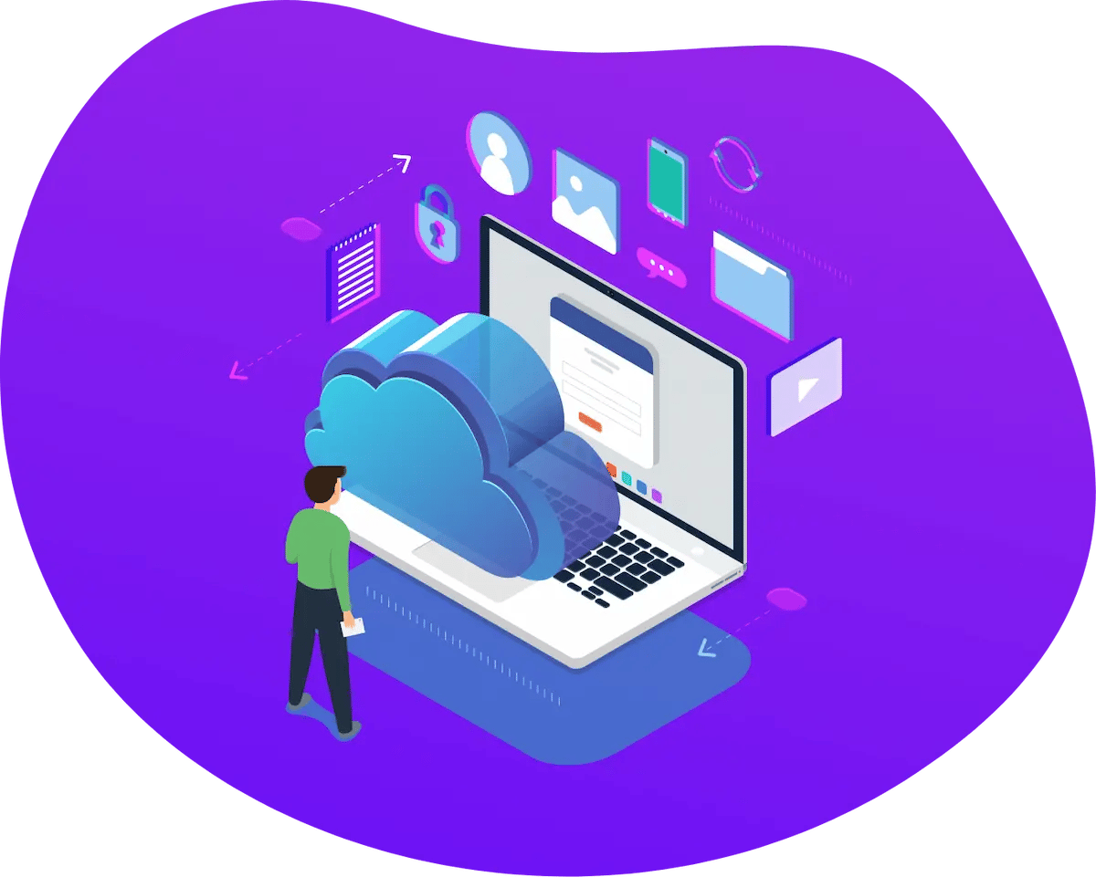 cartoon person looking at laptop and cloud icon